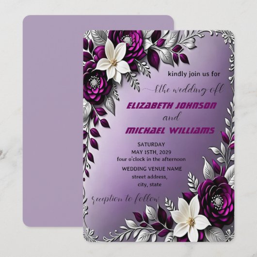 Bloemendiepe Paarse Zilveren Bruiloft Kaart (Voorkant / Achterkant)