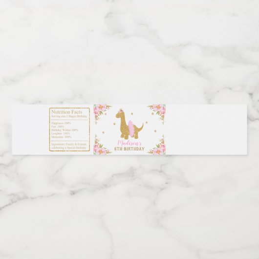 Bloemendinosaurus Verjaardag Roze Tutu Brachiosaur Waterfles Etiket (Enkel label)