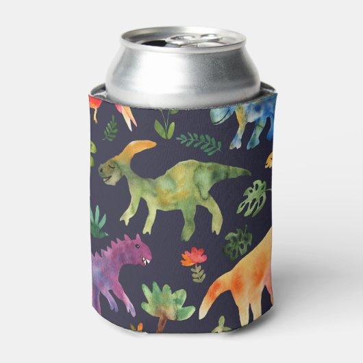 Bloemendinosaurussen: Waterverf stoffen ontwerp Blikjeskoeler (Blikje Voorkant)