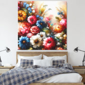 Bloemendoek Art Rood Blauw en witte bloemen Canvas Afdruk (Insitu (Slaapkamer))