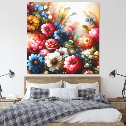 Bloemendoek Art Rood Blauw en witte bloemen Canvas Afdruk (Insitu (Slaapkamer))