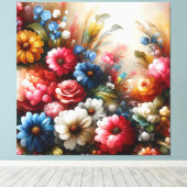 Bloemendoek Art Rood Blauw en witte bloemen Canvas Afdruk (Insitu (Houten vloer))