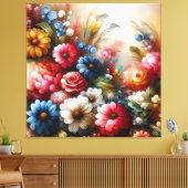 Bloemendoek Art Rood Blauw en witte bloemen Canvas Afdruk (Insitu (Woonkamer))