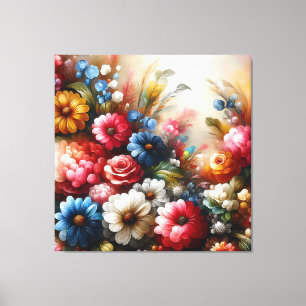 Bloemendoek Art Rood Blauw en witte bloemen Canvas Afdruk