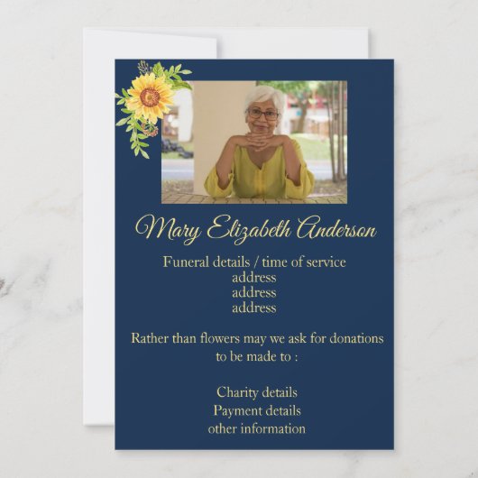 Bloemendood en begrafenisaankondiging blauw aankondiging (Achterkant)