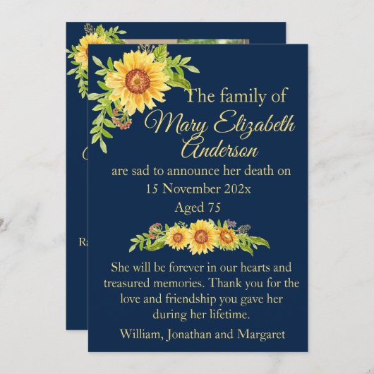 Bloemendood en begrafenisaankondiging blauw aankondiging (Voorkant / Achterkant)