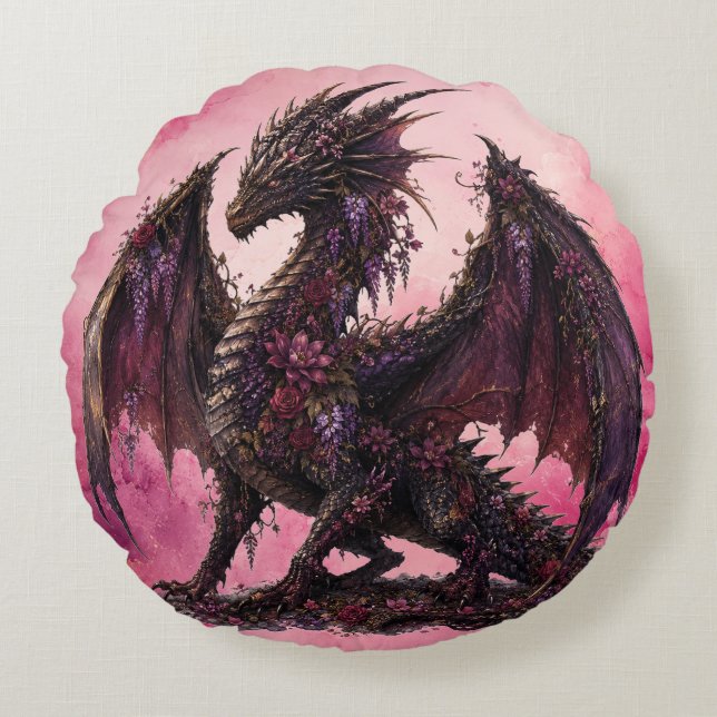 Bloemendragon | Botanische Fantasiedragon Rond Kussen (Voorkant)