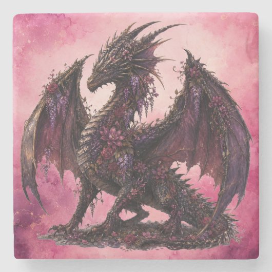 Bloemendragon | Botanische Fantasy-dragon Stenen Onderzetter (Voorkant)