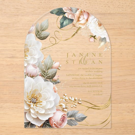 Bloemendrama bruiloft transparante boog ID1022 Acryl Uitnodigingen (Voorkant)