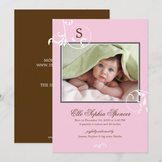 Bloemendranken Monogram Foto Geboorteaankondiging Aankondiging (Voorkant / Achterkant)