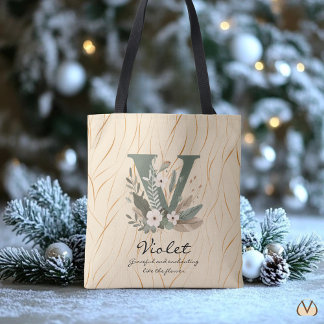 Bloemendrieletter V – Elegante botanische letterku Tote Bag