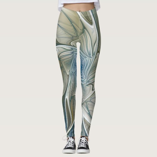 Bloemendroompatroon Abstract Blauw Khaki Fractal Leggings (Voorkant)