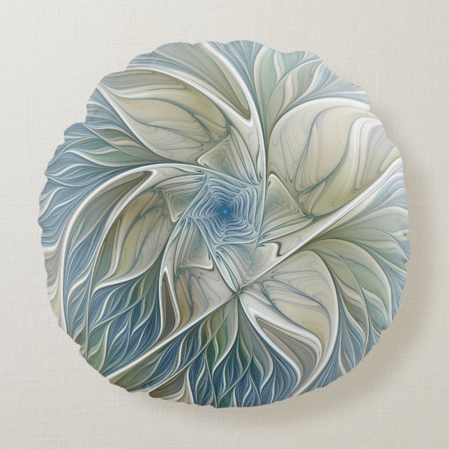 Bloemendroompatroon Abstract Blauw Khaki Fractal Rond Kussen (Voorkant)