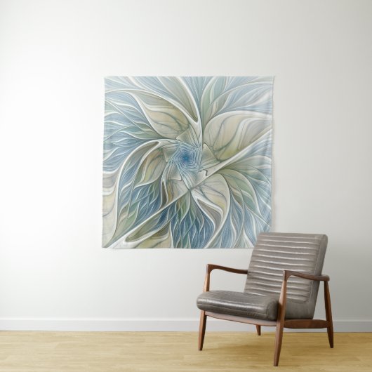 Bloemendroompatroon Abstract Blauw Khaki Fractal Wandkleed (In situ)