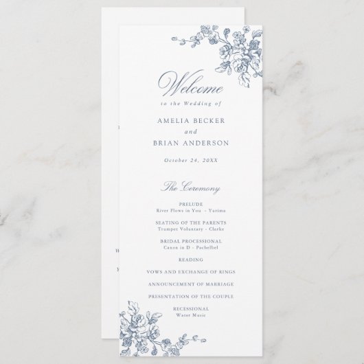 Bloemendruk Frans Toile Vintage Trouwprogramma Programmakaart (Voorkant / Achterkant)