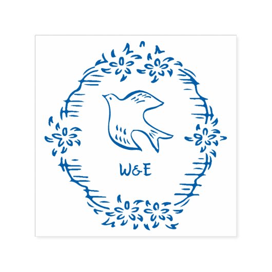  Bloemenduif Bruiloft Monogram Zelfinktende Stempel (Design)