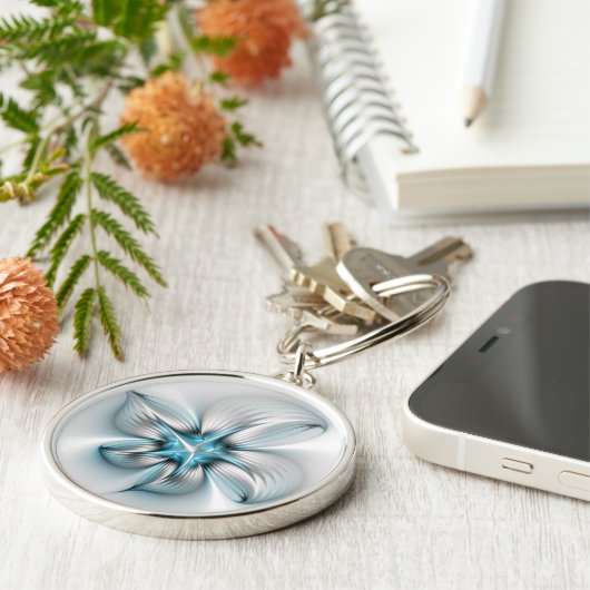 Bloemenelegantie Moderne Abstracte Blauwe Fractal  Sleutelhanger (Zijkant)