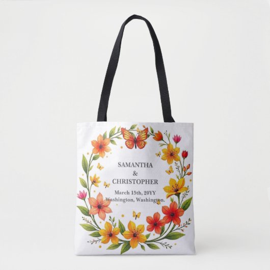 Bloemenen Krans Bruiloft Aangepaste Tekst Vlinders Tote Bag (Voorkant)