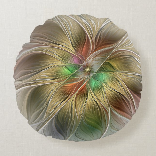 Bloemenfantasie met goudmodern Abstract fractal Rond Kussen (Voorkant)