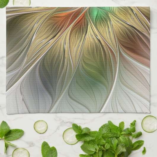 Bloemenfantasie met goudmodern Abstract fractal Theedoek (Gevouwen)