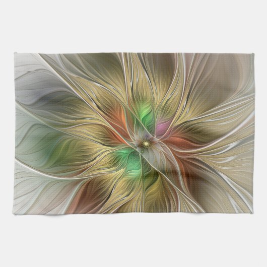 Bloemenfantasie met goudmodern Abstract fractal Theedoek (Horizontaal)