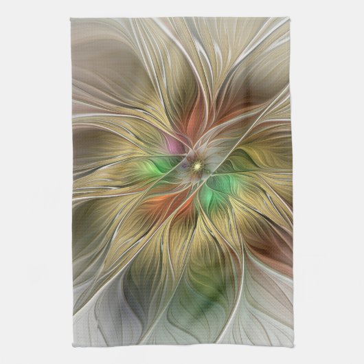 Bloemenfantasie met goudmodern Abstract fractal Theedoek (Verticaal)