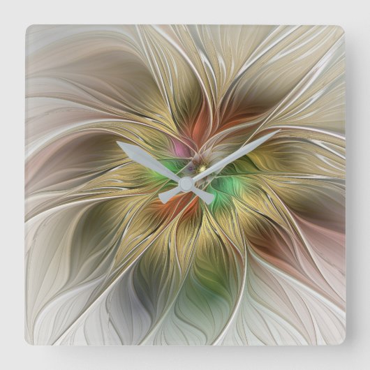 Bloemenfantasie met goudmodern Abstract fractal Vierkante Klok (Voorkant)