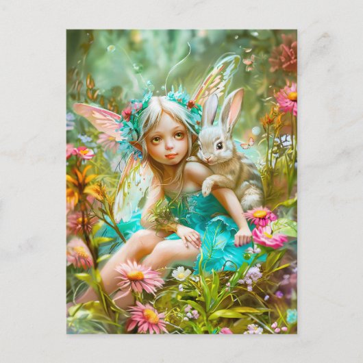 Bloemenfee en zachte konijn briefkaart (Voorkant)