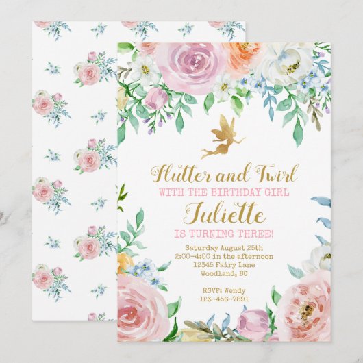 Bloemenfee-feestuitnodiging, Fee-uitnodiging Kaart (Voorkant / Achterkant)