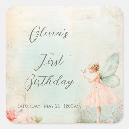 Bloemenfee meisje Verjaardag Vierkante Sticker (Voorkant)