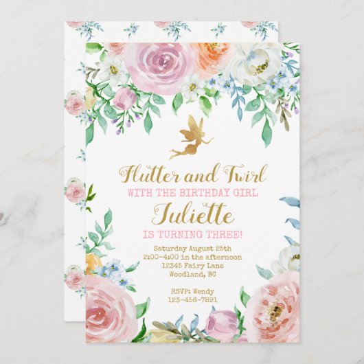 Bloemenfee uitnodiging voor feest, Fee uitnodiging (Voorkant / Achterkant)