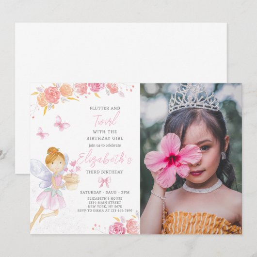Bloemenfee Verjaardagsuitnodiging met foto Kaart (Voorkant / Achterkant)