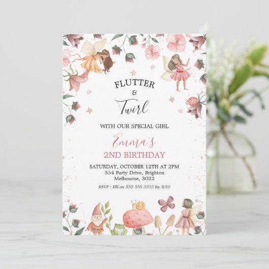 Bloemenfeeën Meisjes Verjaardagsfeest Uitnodiging (Staand voorkant)
