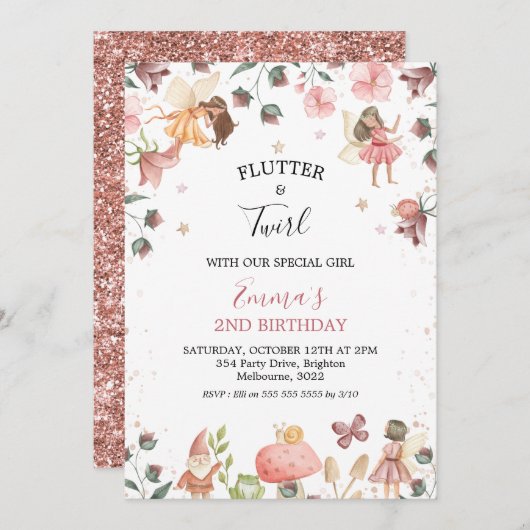 Bloemenfeeën Meisjes Verjaardagsfeest Uitnodiging (Voorkant / Achterkant)