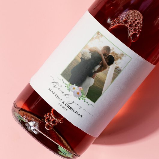 Bloemenfoto Dank u bruiloft Sparkling Wijnetiket