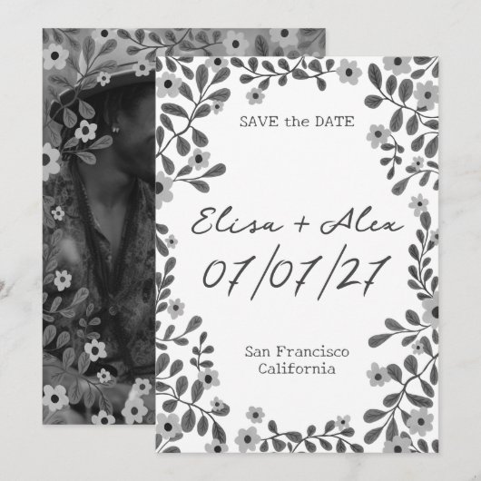 Bloemenframe Z&W BEVESTIG DE DATUM AANGEPASTE FOTO Save The Date (Voorkant / Achterkant)