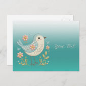 Bloemengeborduurde Groene Postkaart Kleine Vogel (Voorkant / Achterkant)