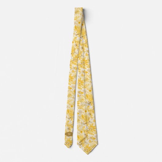 Bloemengeel botanisch monogram met botercrèmegele stropdas (Achterkant)