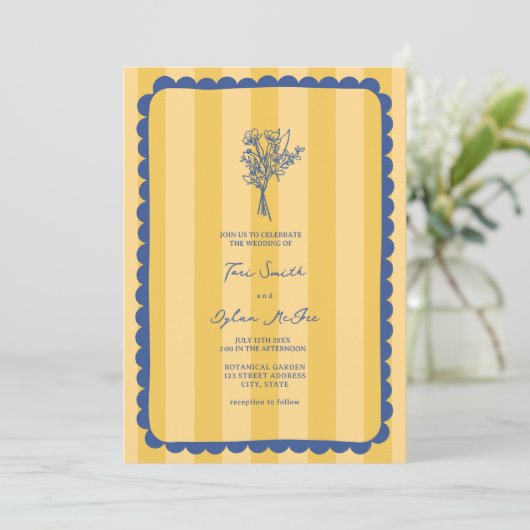 Bloemengele streep geschulpte grens bruiloft kaart (Staand voorkant)