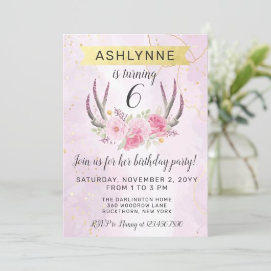 Bloemengewei & Blush Roze Goud Marmer Verjaardag I Kaart (Staand voorkant)