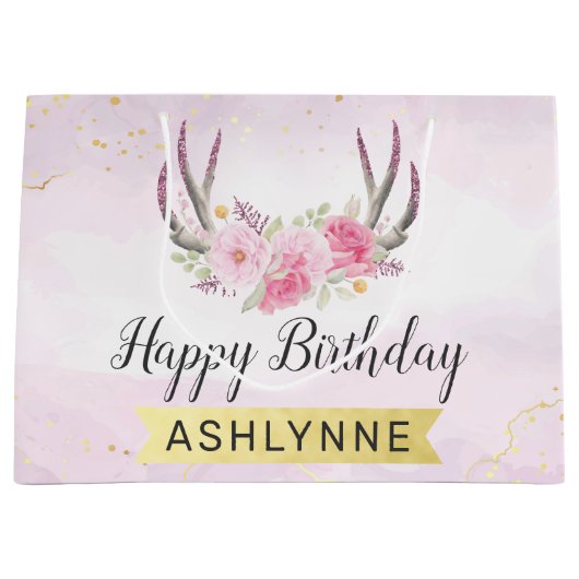 Bloemengewei Blush Roze & Goud Meisje's Verjaardag Groot Cadeauzakje (Voorkant)