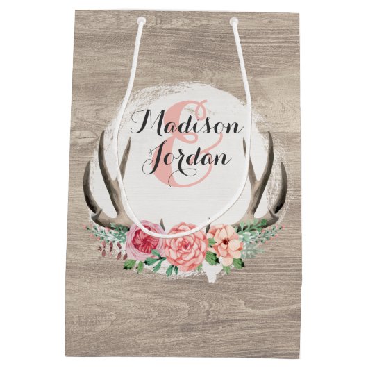 Bloemengewei rustieke houten bruiloft gepersonalis medium cadeauzakje (Achterkant)