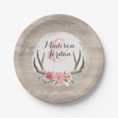 Bloemengewei rustieke houten bruiloft gepersonalis papieren bordje (Voorkant)