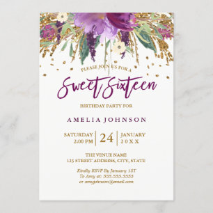 Bloemenglitter sprankelende Amethist Sweet Sixteen Kaart