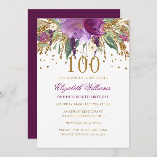 Bloemenglitter sprankelende Amethyst 100e verjaard Kaart (Voorkant / Achterkant)