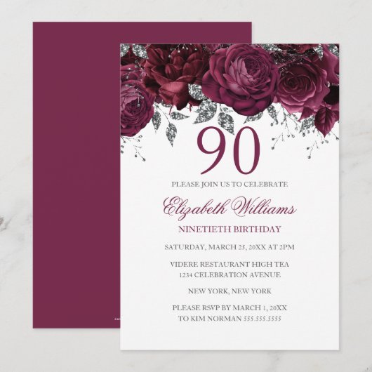 Bloemenglitter sprankelende Bourgogne 90e verjaard Kaart (Voorkant / Achterkant)