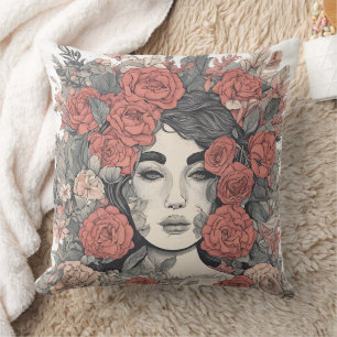 Bloemengodin – Elegante vrouw met rozen Kussen
