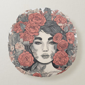 Bloemengodin – Elegante vrouw met rozen Rond Kussen