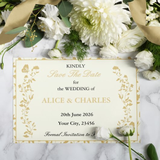  Bloemengoud en Crème Save The Date Kaart
