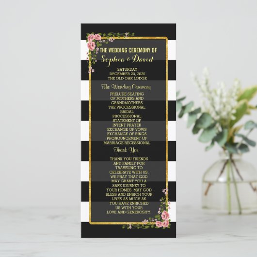 Bloemengoud folie streep bruiloftsceremonie progra programmakaart (Staand voorkant)
